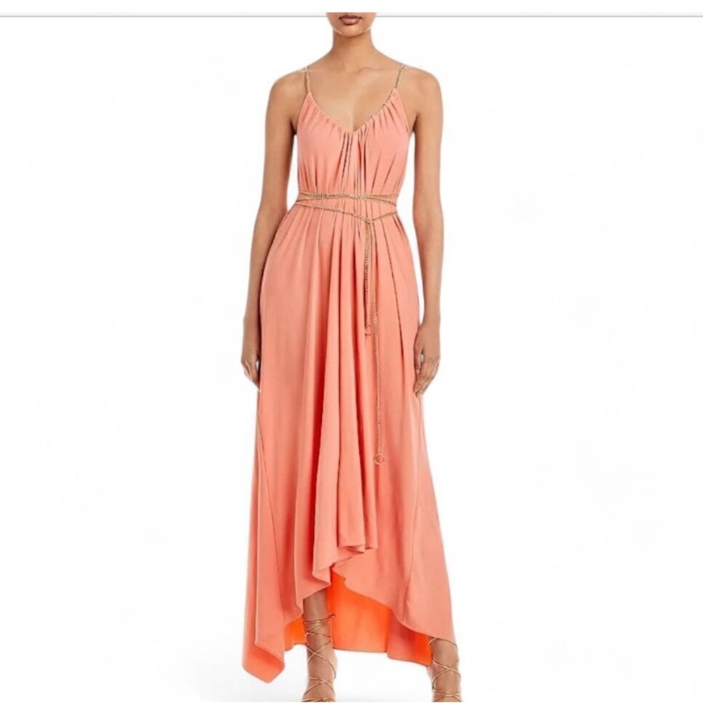Ramy Brook  Ryder Coral High  Low with Gold Chain Halter Sleeves and Belt Dress
